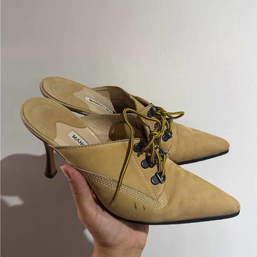 Manolo Blahnik y2k Oklamod Tan Nubuck Timberland Lace Up Mule Heels 38 - Picture 3 of 11